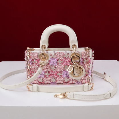 DIOR LADY D-JOY MICRO BAG IN WHITE CALFSKIN WITH PINK FLORAL EMBROIDERY AND STRASS