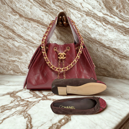 CHANEL 25 BORDEAUX CAVIAR & BALLERINA FLATS SET